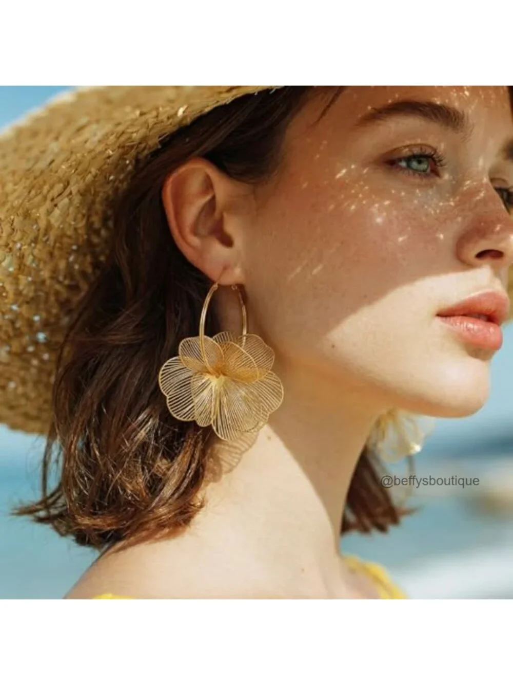 3D Floral Dangle Drop Earrings Gold Tone Statement Hoop Women Jewelry